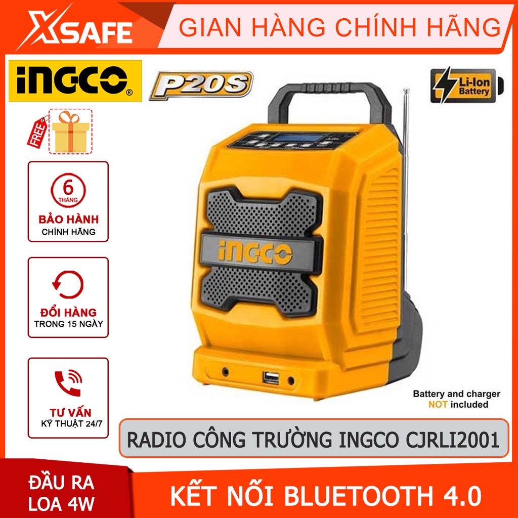 Radio công trường dùng pin 20V INGCO CJRLI2001 Loa Bluetooth 4.0 Tay cầm phụ 3,5mm, đầu ra loa 3W, chưa bao gồm pin sạc