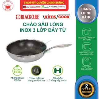 Chảo chống dính sâu lòng inox 304 KimsCook Blackcube 3 lớp đúc liền đáy từ 24cm