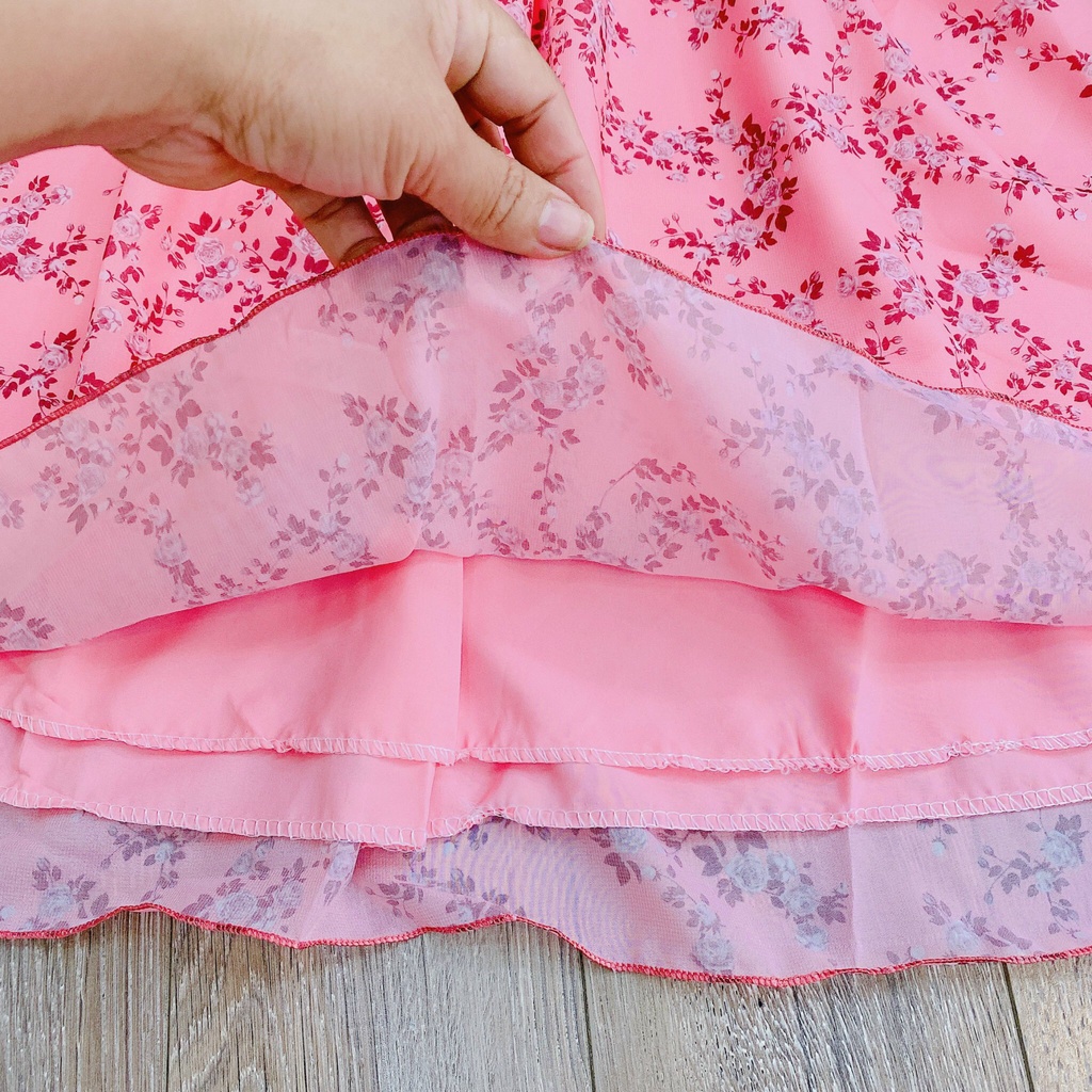 Váy bé gái voan lụa hoa nhí tay phồng nơ sau 10kg đến 22kg