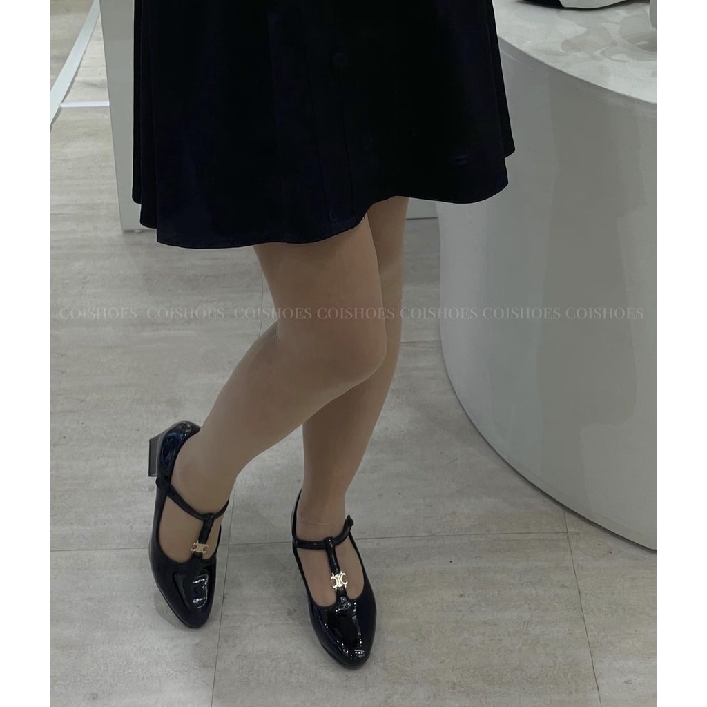 Giày Cao Gót Nữ Quai Chữ T Da Bóng Hot Trend - Giày Cao Gót Đế Vuông 5 Phân T-Bar Màu Đen - Cói Shoes