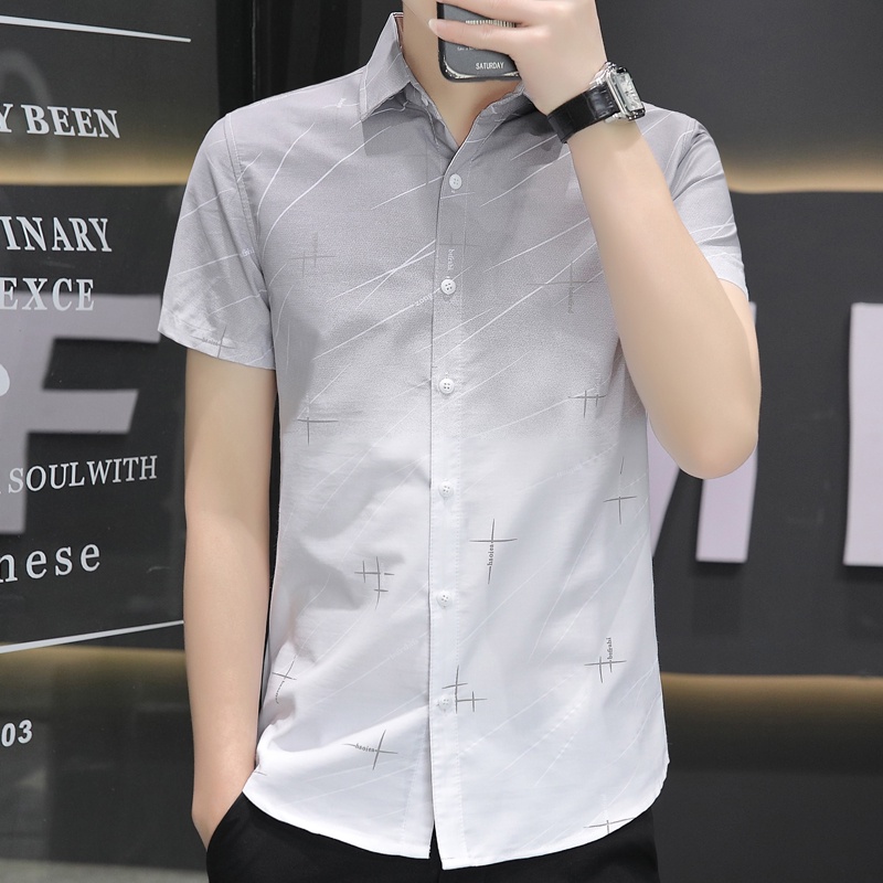 Áo Sơ Mi Nam Ngắn Tay In Họa Tiết Hoa Màu Gradient Phong Cách Hàn Quốc