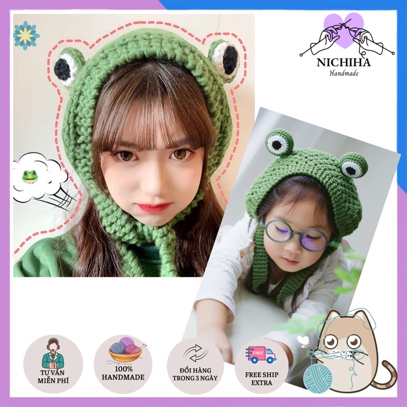 Mũ Đội Đầu, Nón làm Bằng Len Đan móc Hình Ếch Mắt To nhộ nghĩnh làm đạo cụ chụp ảnh Đáng Yêu