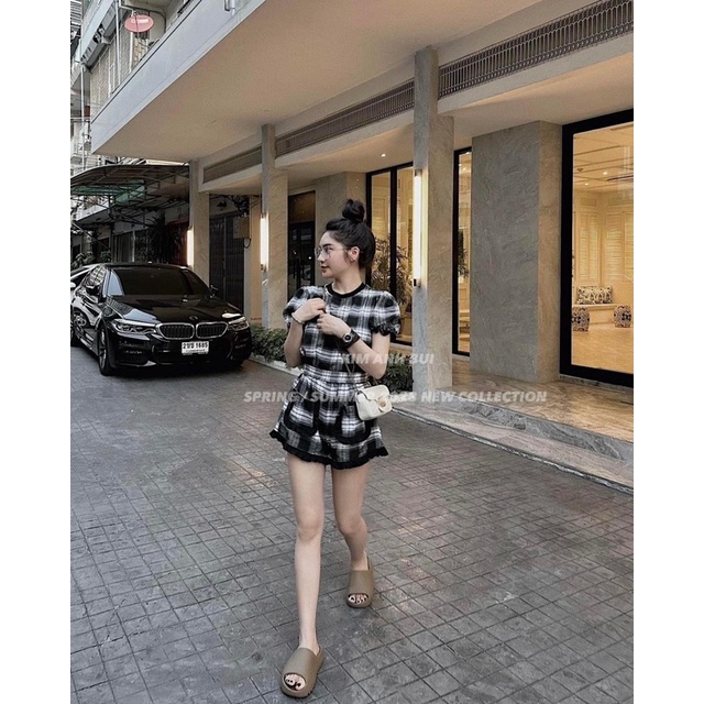 Sét kẻ caro đen trắng viền bèo