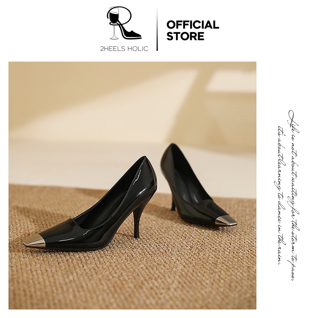 Giày cao gót slingback đen da bóng cao cấp mũi vuông đầu bạc quai mảnh bít gót 2HEELS HOLIC H01 H02