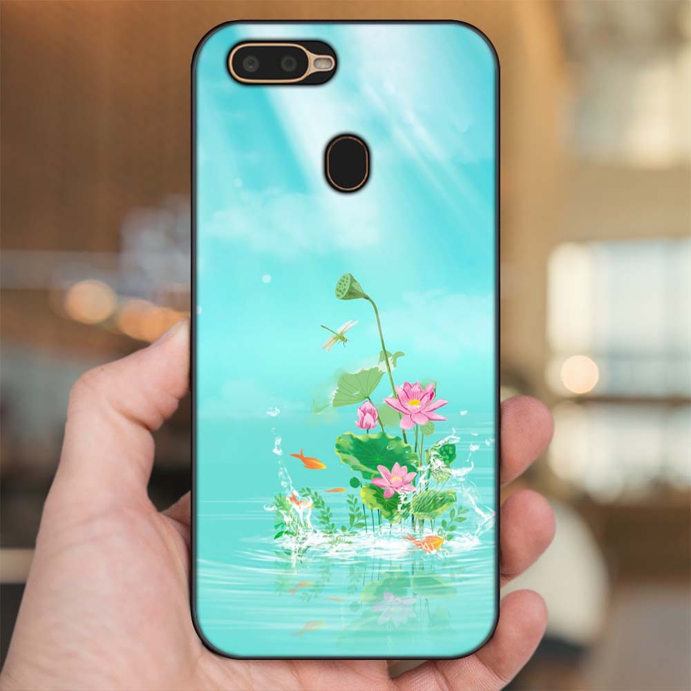 Ốp lưng Oppo A5S, A7, A12, F9 viền đen in hình Hoa Sen Hoa Đẹp