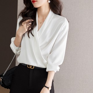 Áo Sơ Mi Satin Trắng Tay Dài Cổ Chữ V Phong Cách Mới 2023 Dễ Phối Đồ Cho Nữ