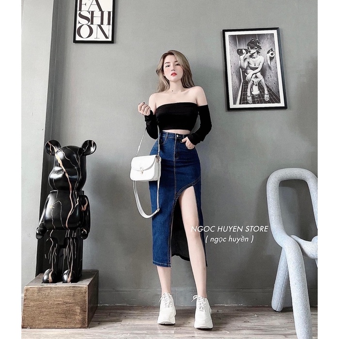 Chân Váy jeans Dài Co Giãn Xẻ Trước, Đính Nút Xịn Đẹp, Đen, Trắng, Xanh