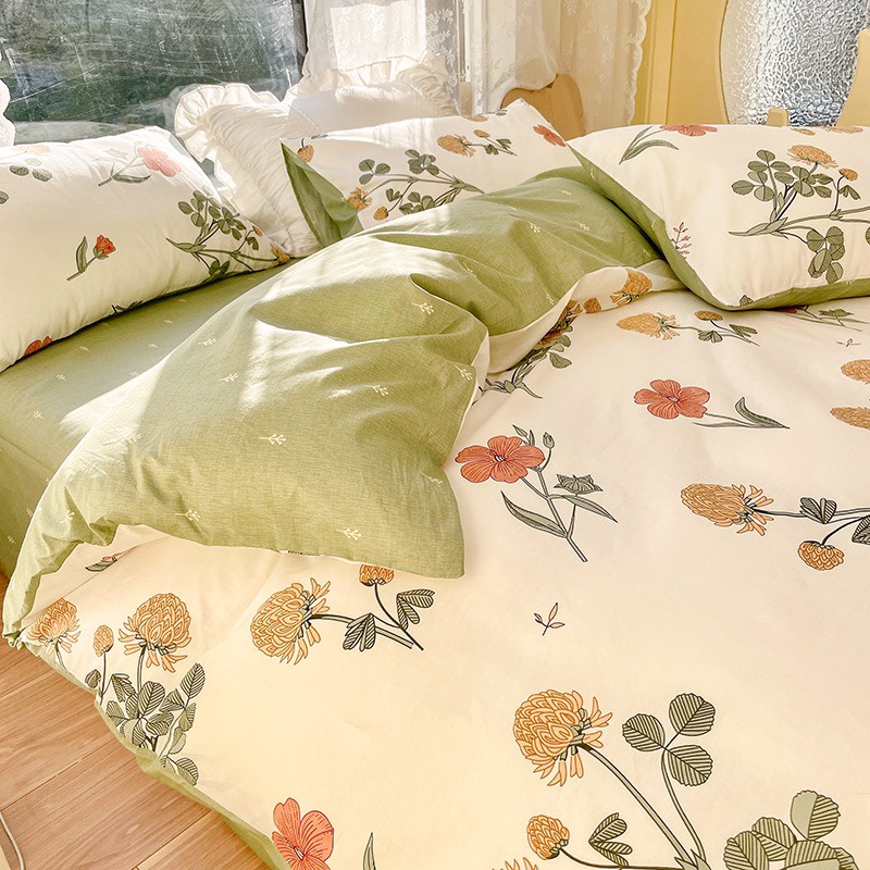 Bộ chăn ga gối cao cấp ETAMI cotton poly Hoa cúc vàng ga xanh cute miễn phí bo chun drap giường , ga trải giường P21