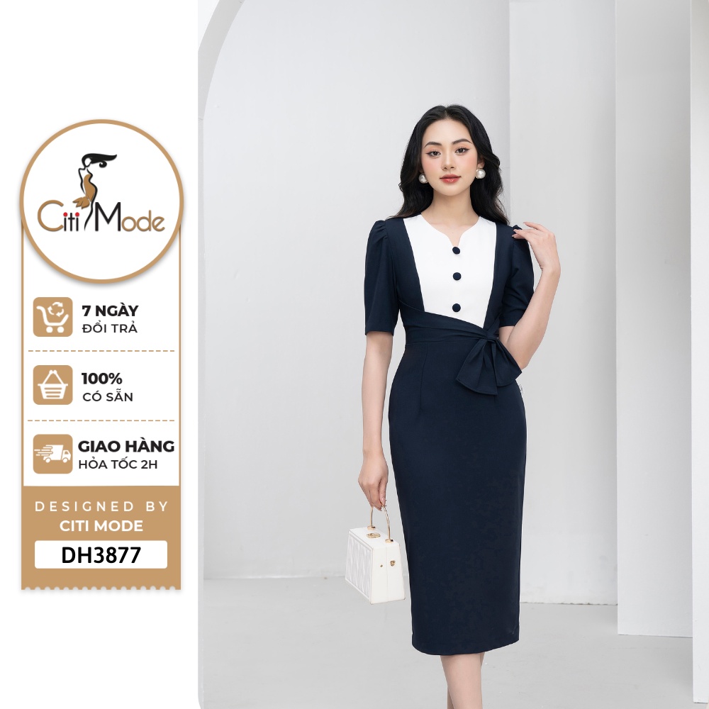 Đầm công sở CITI MODE FASHION thiết kế dáng ôm xanh than phối nơ eo DH3877