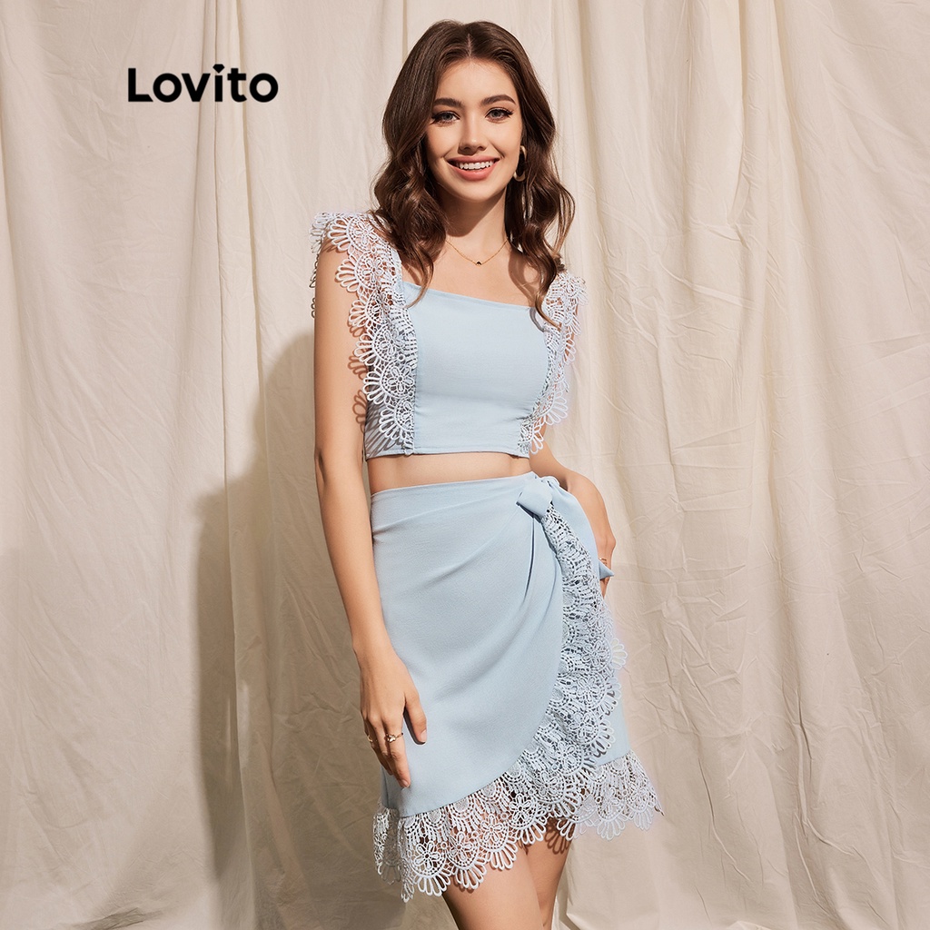 1226de-Bộ Váy Thắt Nút Bất Đối Xứng Lãng Mạn Lovito L35LD083 (Xanh Nhạt)