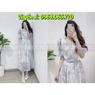 Đầm midi loang xanh hoạ tiết cổ đắp bo eo