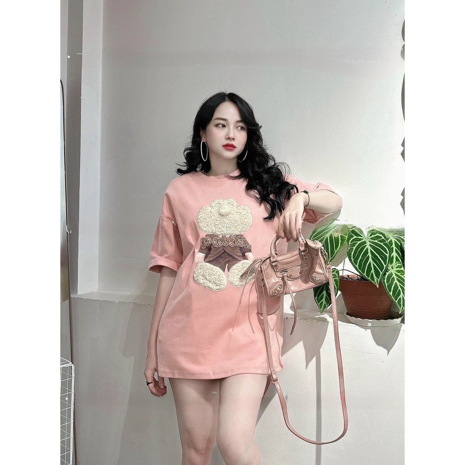 Áo Phông Tay Lỡ Cổ Tròn Thêu Nổi Poxe CHất Cotton Co Dãn 3 Màu Con Gấu