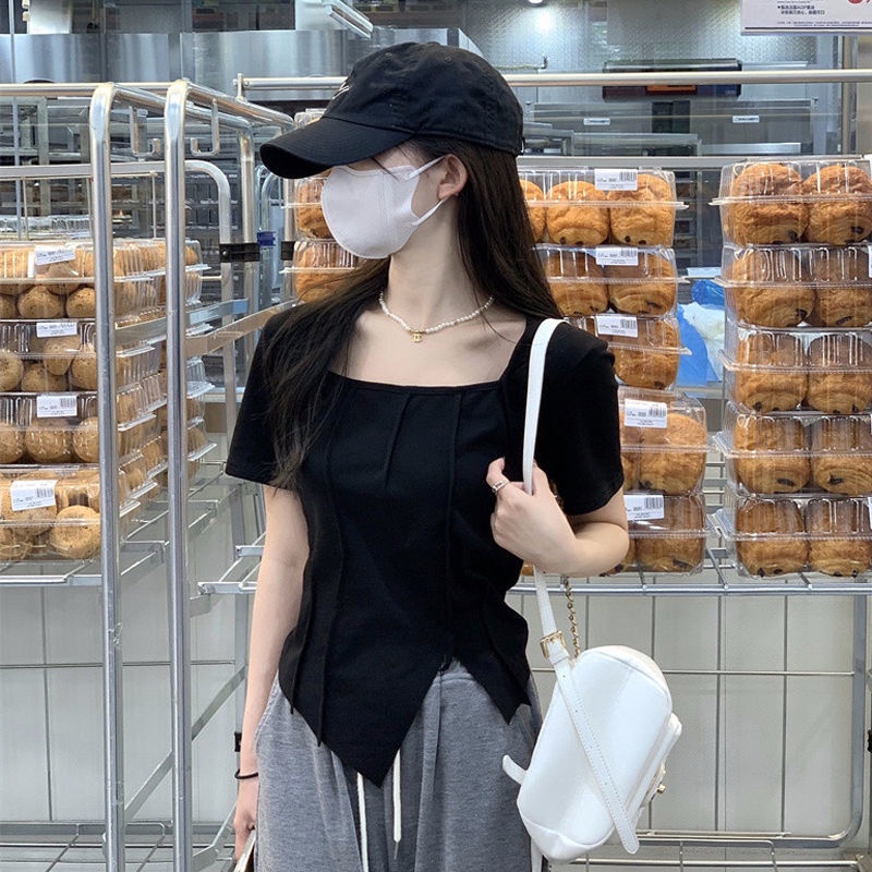 COZOKC COZOK Áo Thun Tay Ngắn Cổ Vuông Màu Trơn Thiết Kế Xẻ Tà Độc Đáo