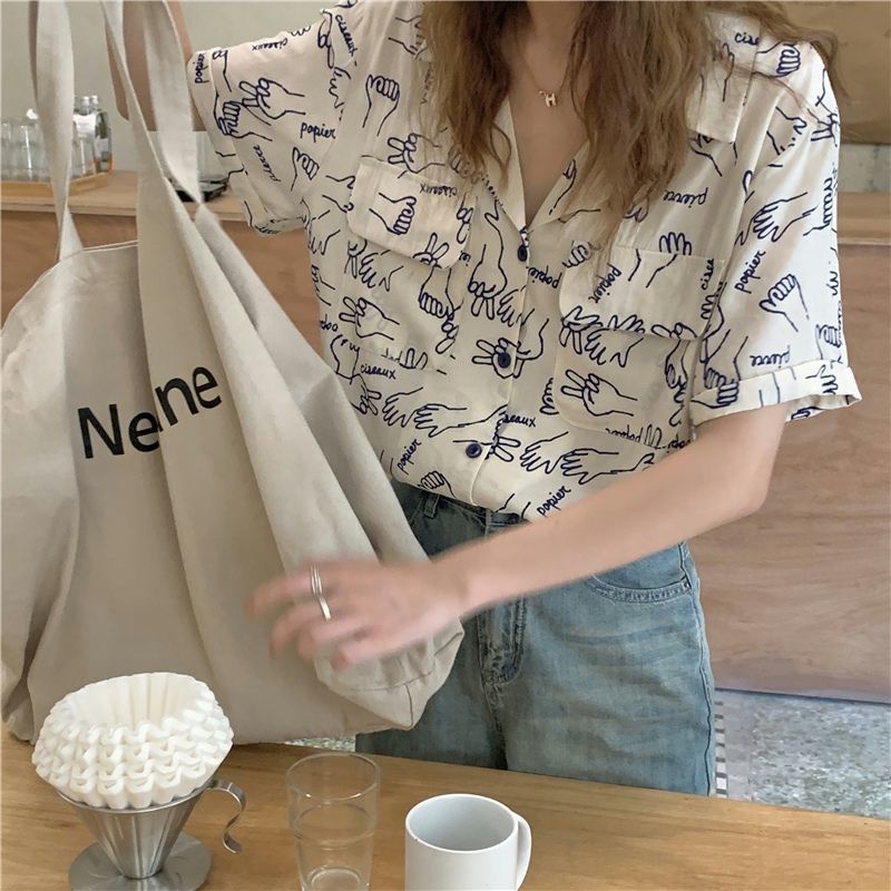 Jiashucheng Áo Sơ Mi Ngắn Tay Dáng Rộng In Họa Tiết Kiểu Retro Cá Tính