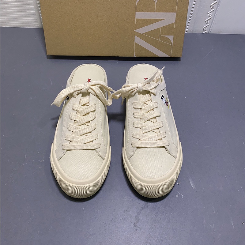 Giày Canvas Rỗng Buộc Dây Phía Trước Nửa Đế Hình Chuột Mickey Màu Trắng Mới 2023Zara Dễ Phối Đồ Hỗ Trợ Cho Nữ Sinh