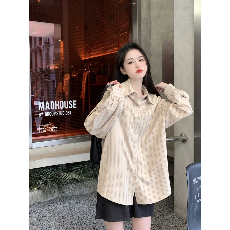 Áo Sơ Mi Dáng Rộng Họa Tiết Kẻ Sọc Phong Cách Hàn Quốc Cổ Điển Thời Trang Mùa