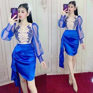 ĐẦM BODY TAY PHỒNG KẾT HOA PHA LÊ