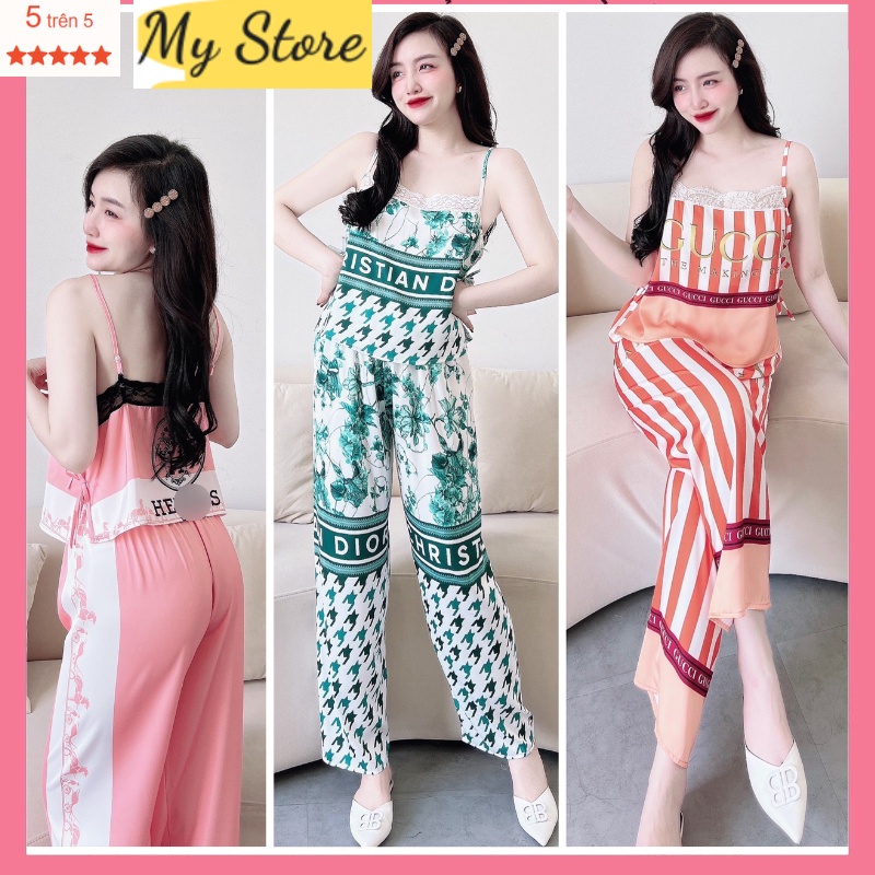Bộ ngủ lụa 2 dây secxy quyến rũ, đổ mặc nhà nữ quần dài dễ thương chất vải lụa latin in 3D cao cấp Freesize dưới 62kg