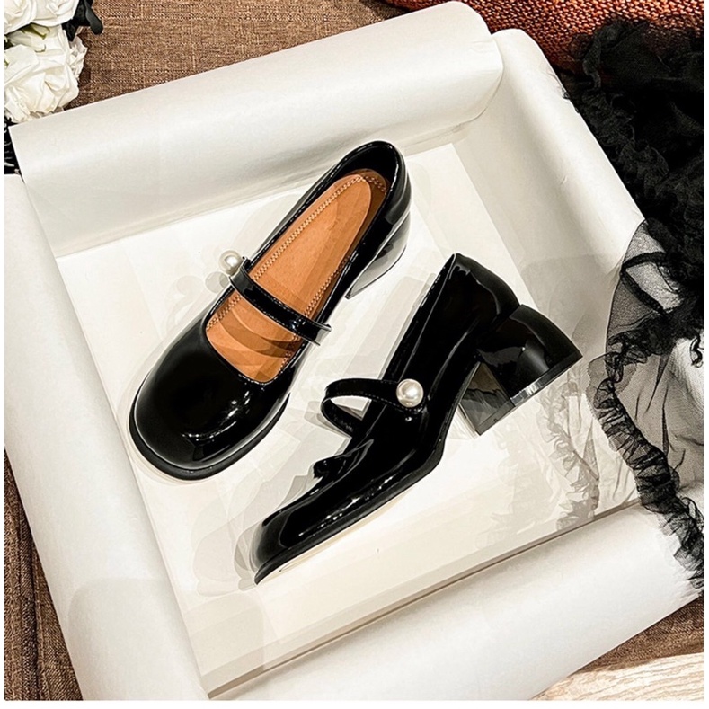 Giày Mary Jane phong cách Lolita 5 phân da bóng đủ size 34-39 - Giày cao gót nữ đế vuông 5cm