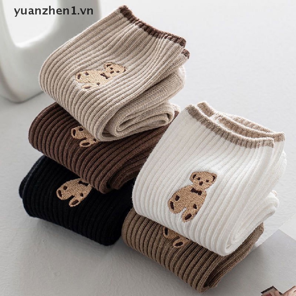 Vớ Cotton Màu Trơn Thêu Hình Gấu Dễ Thương Phong Cách Nhật Bản Cho Nữ