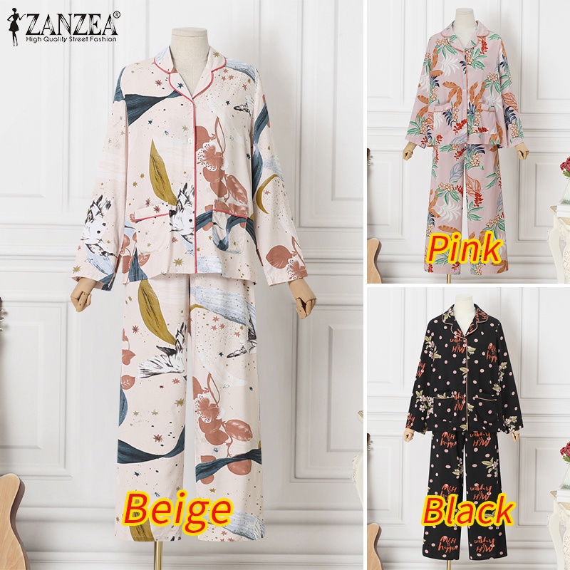 Bộ đồ ngủ ZANZEA gồm áo tay dài và quần dài lưng thun ống đứng thời trang cho nữ