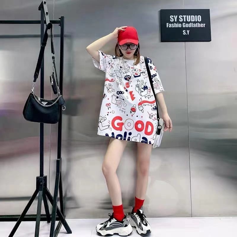 Áo Thun Tay Ngắn Dáng Rộng In Họa Tiết Sáng Tạo Thời Trang 2023 Cho Nữ