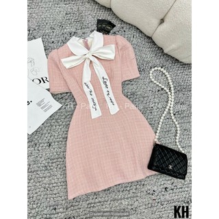 Đầm Dạ Cổ Phối Dây Nơ Trắng - D23084