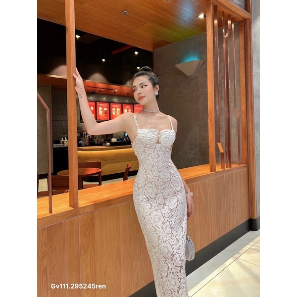gv111- đầm body ren lót đính đá 2 dây
