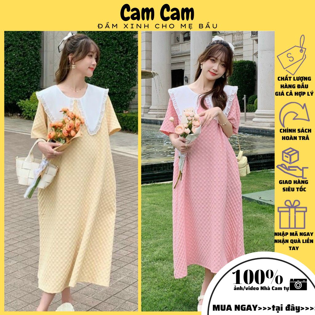 Váy bầu xinh - đầm bầu baby doll 2 màu xanh, hồng Freesize (48-70kg)