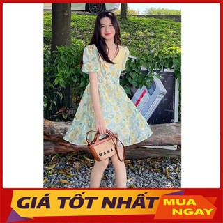 Váy Nữ Xòe Dáng Ngắn Tơ Hoa Cổ Sen Phối Màu Hàng Quảng Châu V3064 - Yamy888