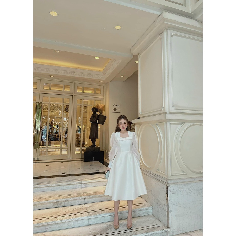 [3.3 Sales Freeship] Váy đầm nữ tiểu thư, đầm trắng xòe cổ vuông đính nơ phối tay voan chất tapda nhẹ nhàng, xinh xắn dx