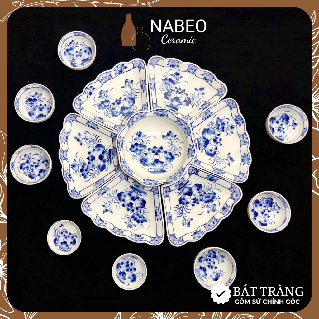Bộ Bát Đĩa Gia Tiên Bát Tràng Sen Xanh Vẽ Tay Kĩ, Bộ Hoa Mặt Trời Cúng, Đường kính 45cm & 55cm, Gốm Sứ Bát Tràng