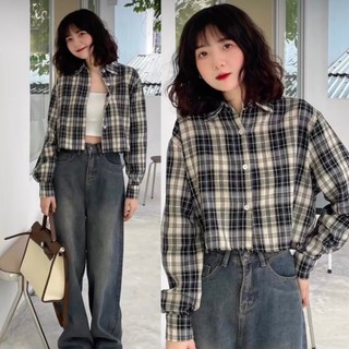 Áo sơ mi croptop caro tay dài thời trang cho nữ SMlung0082