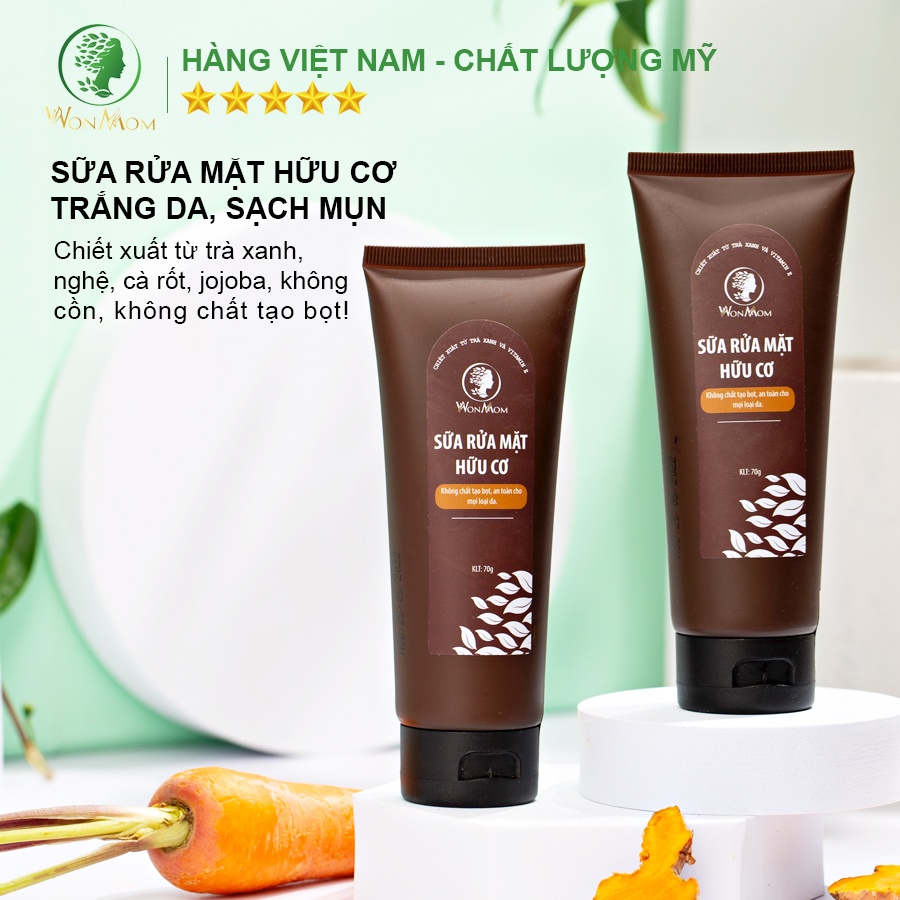 [ Giảm 50K - Đơn 459K ] Combo sữa rửa mặt hữu cơ + scrub nghệ tẩy mặt + túi xông mặt thảo dược Wonmom