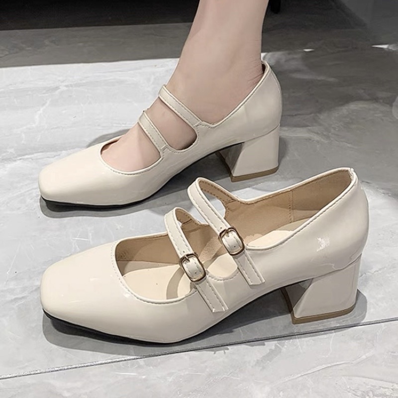 Giày búp bê nữ Mary Jane da bóng gót vuông cao 5cm có 2 quai khoá cài