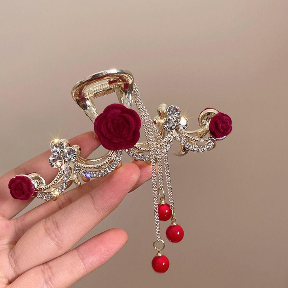 Kẹp Tóc Đính Hạt Phối Tua Rua Hình Hoa Hồng Bằng Nhung Phong Cách Hàn Quốc|Kẹp Tóc Hình Cá Mập Dễ Thương