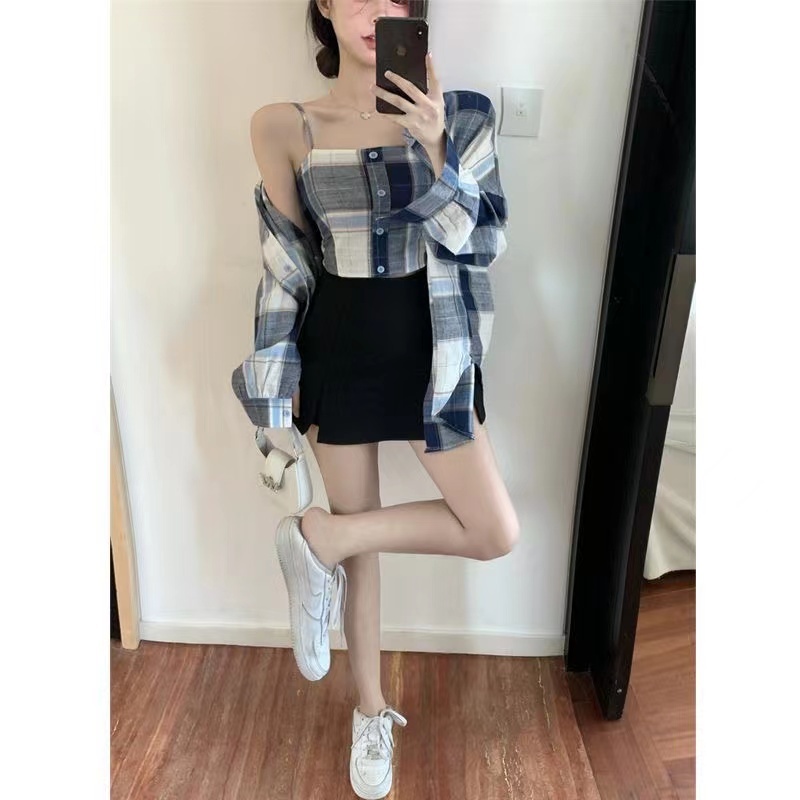 Set Áo Sơ Mi Caro Tay Dài + Áo Hai Dây Thời Trang Nữ