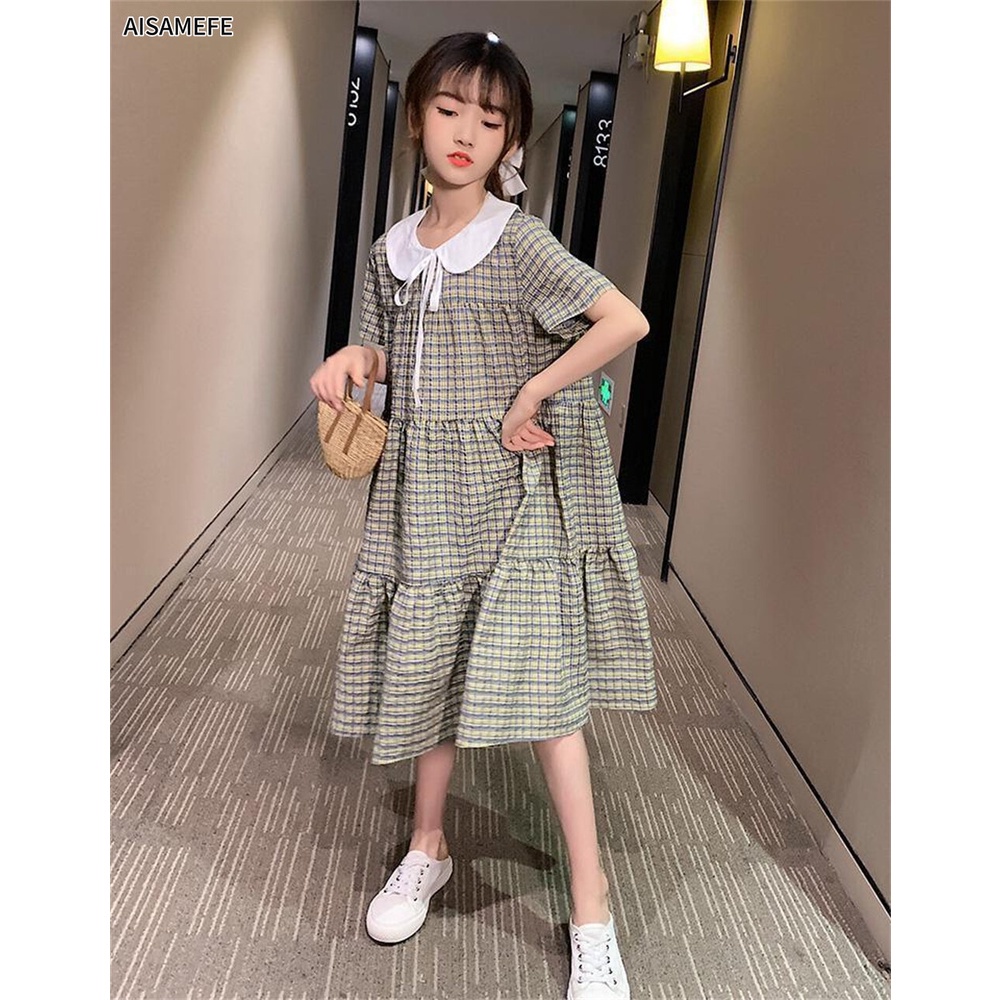Đầm cotton tay ngắn eo cao họa tiết caro màu xanh lá phong cách Hàn Quốc thời trang cho bé gái 3-13 tuổi