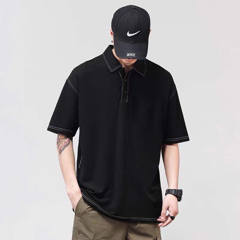 Áo Polo Form Rộng Chỉ Nổi Tay Lỡ Hàn Quốc, Áo Thun Polo Unisex Cổ Bẻ Chất Cotton Dày Dặn