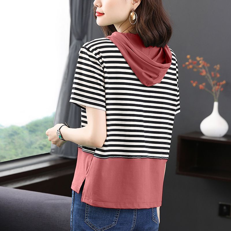 Áo Thun Cotton Tay Ngắn Dáng Rộng Có Nón Họa Tiết Kẻ Sọc Thời Trang Mùa Hè Mới Cho Nữ