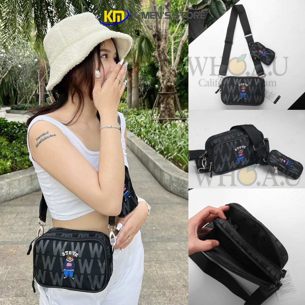 Túi đeo chéo nam nữ thêu gấu Who.au Steve mini form ngang 2 ngăn kèm túi tiddi sành điệu size 20