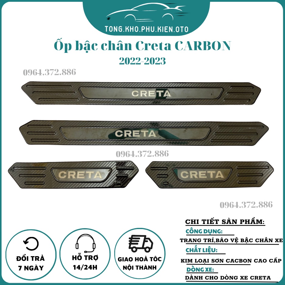 Ốp bậc cửa, nẹp bước chân trong, ngoài CARBON xe Hyundai Creta 2022- 2023, vân CACBON cao cấp