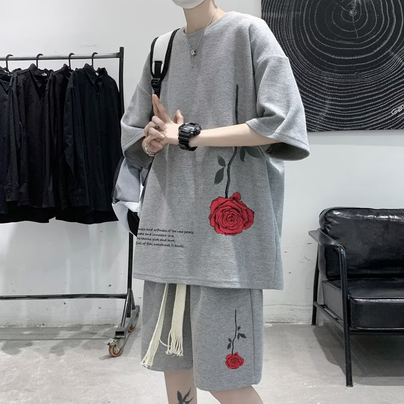 Mới Set Đồ Thời Trang Unisex Dáng Rộng đồ bộ nam In Họa Tiết Hoa Hồng Đơn Giản bộ quần áo nam Phong Cách Hàn Quốc Set đồ nam