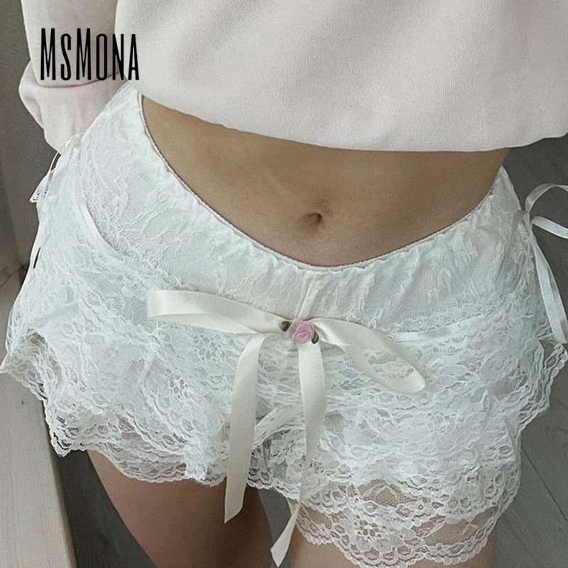 Quần Short Viền Ren Màu Trơn Đính Nơ Thời Trang 2023 Quyến Rũ Cho Nữ