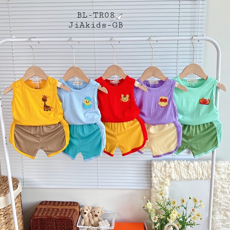 NT046 BỘ BA LỖ, SÁT NÁCH, BỘ ĐÙI THUN LẠNH MINKY MOM thêu logo hình con vật dễ thương cho bé