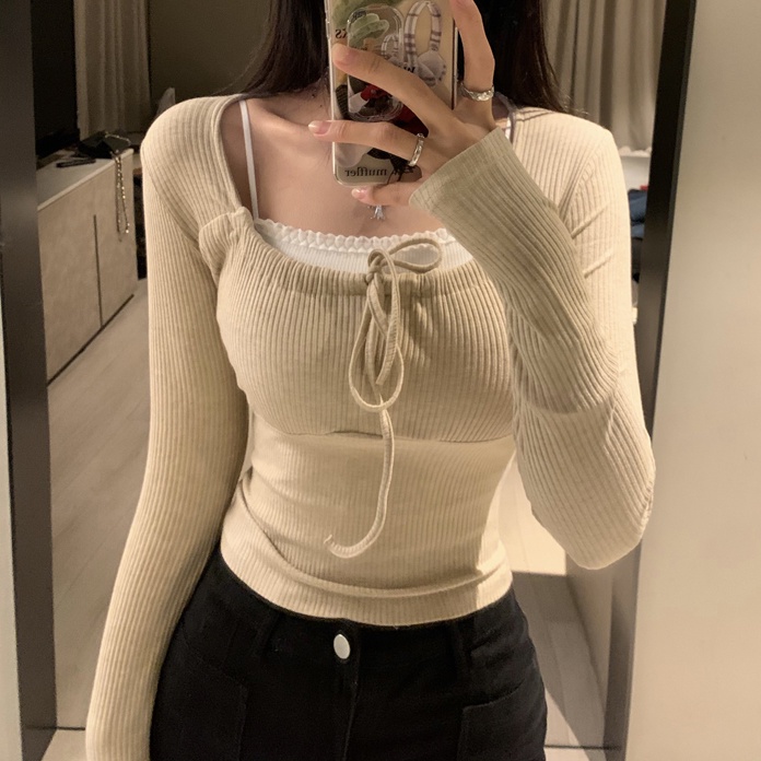 Áo Croptop Tay Dài Cổ Vuông Màu Sắc Ngọt Ngào Thời Trang Mùa Thu Quyến Rũ Cho Nữ