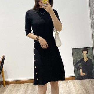 EBNN Sandro 2022 French style autumn and winter classic irregular buttons slim and slim temperament half-turtleneck knitted dress small black dress