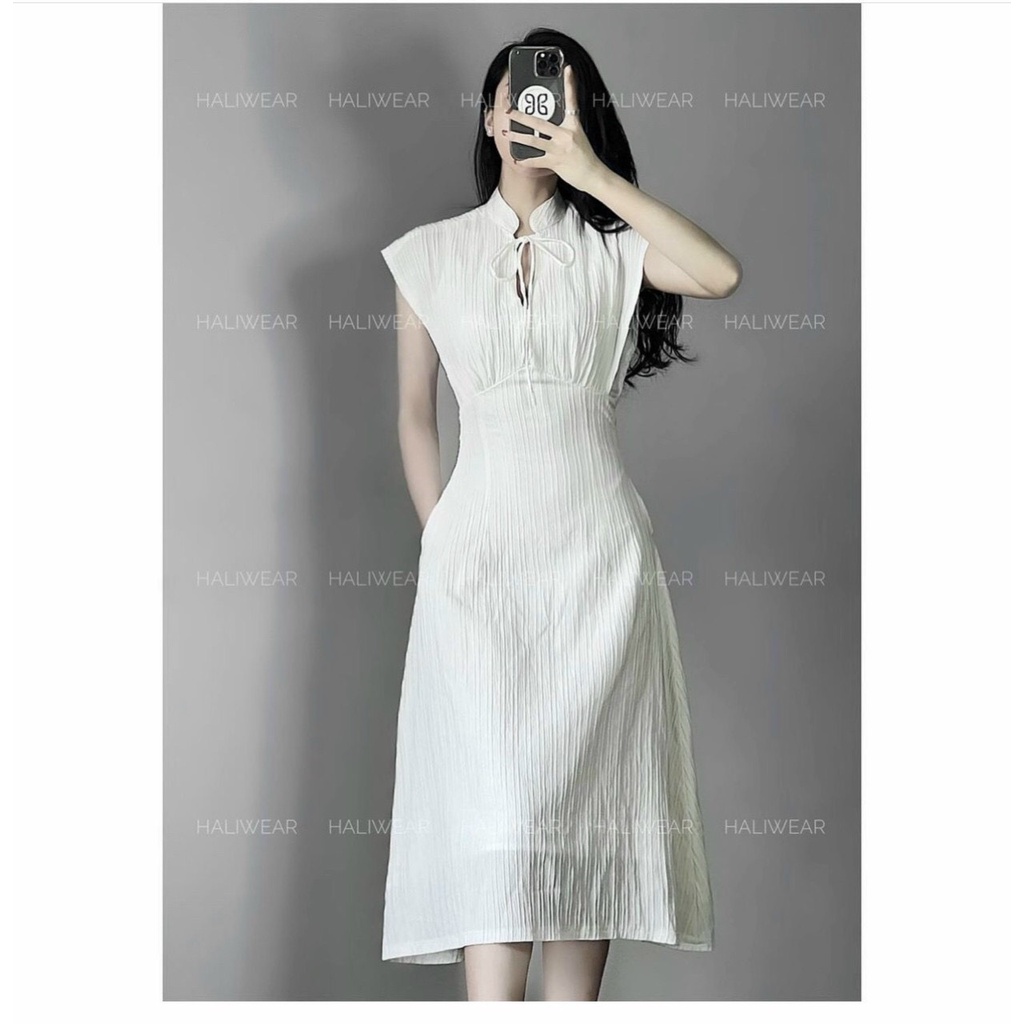 Đầm Váy Trắng Gân Sọc Cổ Trụ Nơ Cổ Dáng Dài