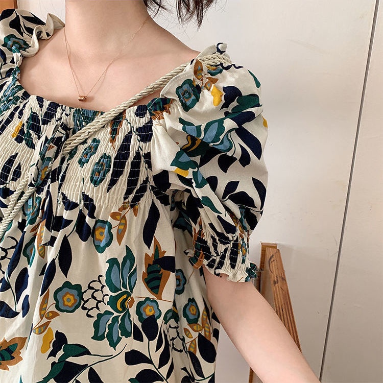 COZOK Áo Sơ Mi Ngắn Tay Phồng Cổ Vuông Họa Tiết Hoa Thời Trang Xuân Hè Cho Nữ