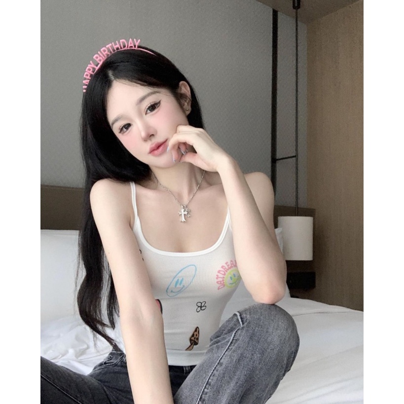 Áo Hai Dây Dáng Ôm Ngắn In Họa Tiết Thời Trang Mùa Hè 2023 Cho Nữ